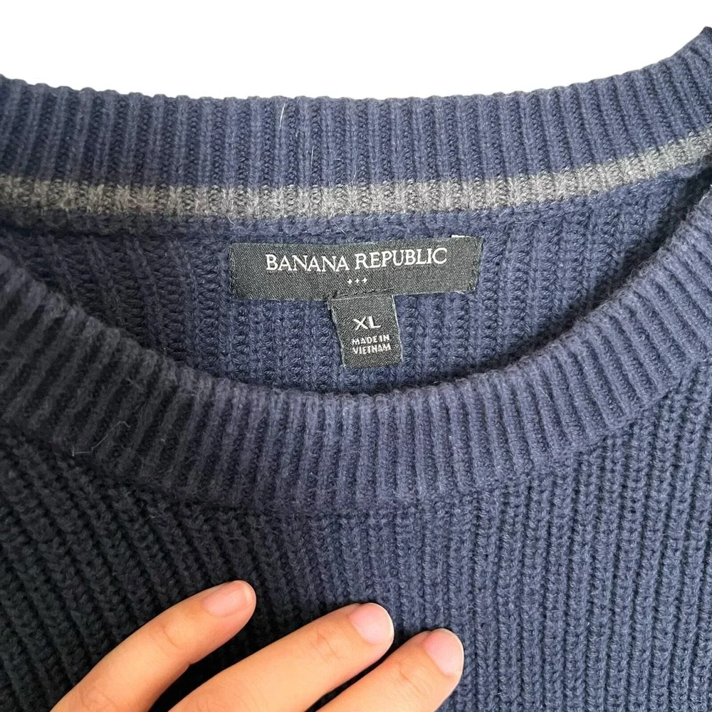 Banana Republic Mens XL Navy Blue Ribbed Cotton Sweater Suede Shoulder Patch
